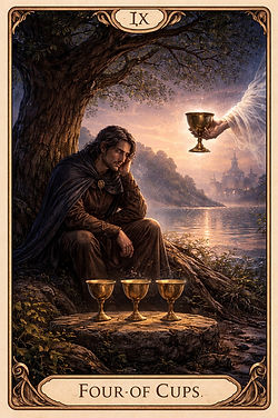 QBLH Chapter 40 — Four of Cups tarot illustration showing a solitary figure contemplating a cup before him while three cups rest nearby, symbolizing reflection, emotional reevaluation, and quiet introspection.