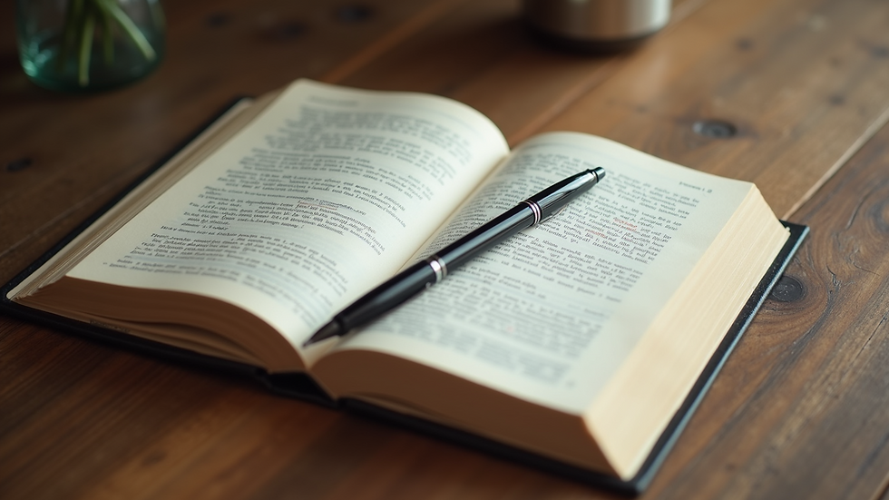 High angle view of an open book with a pen on a wooden table