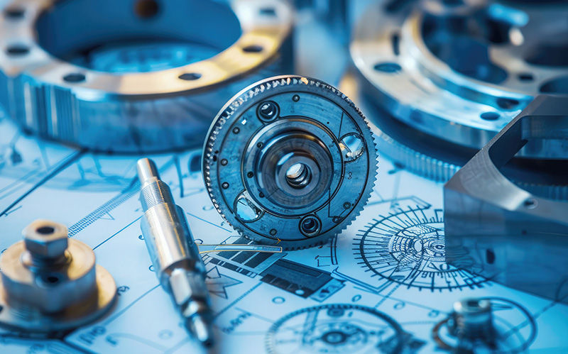 Technical blueprints and high-precision metal engine components on a table.