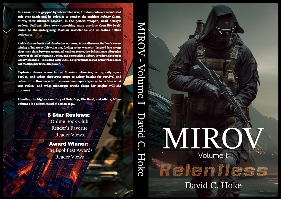 Sci-fi book cover for “MIROV Volume I: Relentless” by David C. Hoke featuring a futuristic armored soldier in black tactical gear and helmet carrying a rifle, walking through a dark alien landscape with starship structures in the background, dramatic cinematic lighting, dystopian science fiction military action novel.