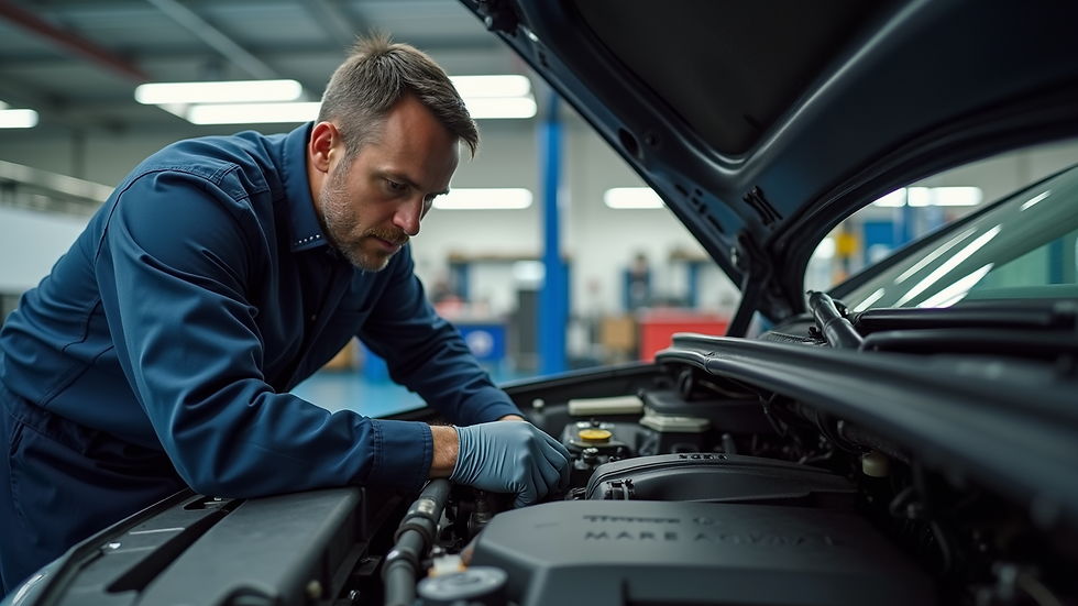 Eye-level view of a professional mechanic inspecting a car engine in a garage