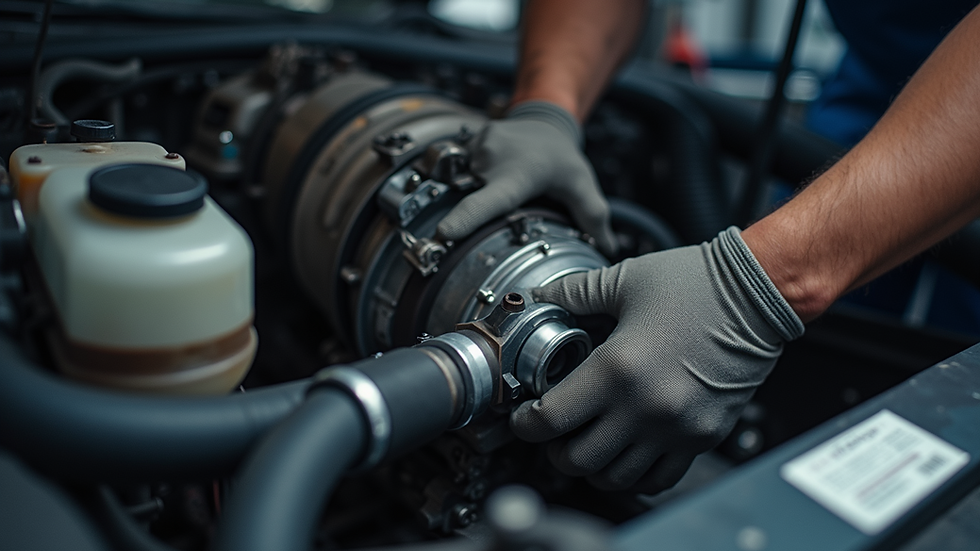 Eye-level view of a mechanic inspecting a vehicle's transmission system