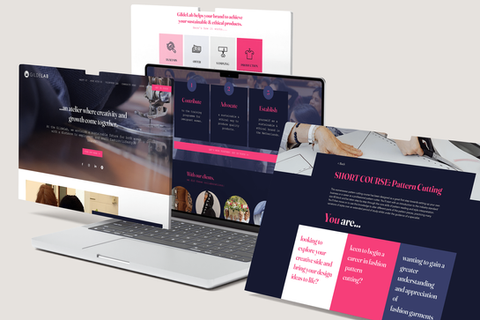 graphic design web page front end fashion foundation mockup site webpage page blue pink wix icons sewing branding production logo 