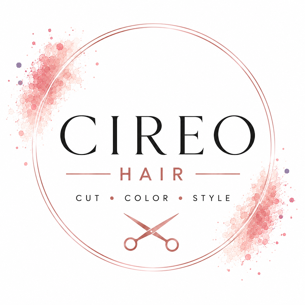 Square CIREO HAIR logo with pink circular frame, scissors icon, and text CUT COLOR STYLE