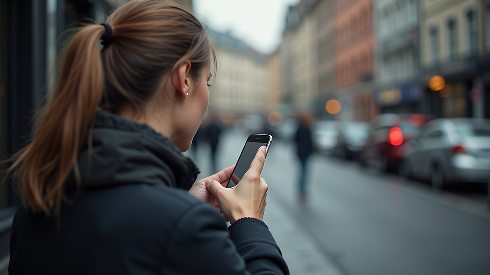 Ögonhöjd vy av en person som använder en smartphone för att navigera på sociala medier