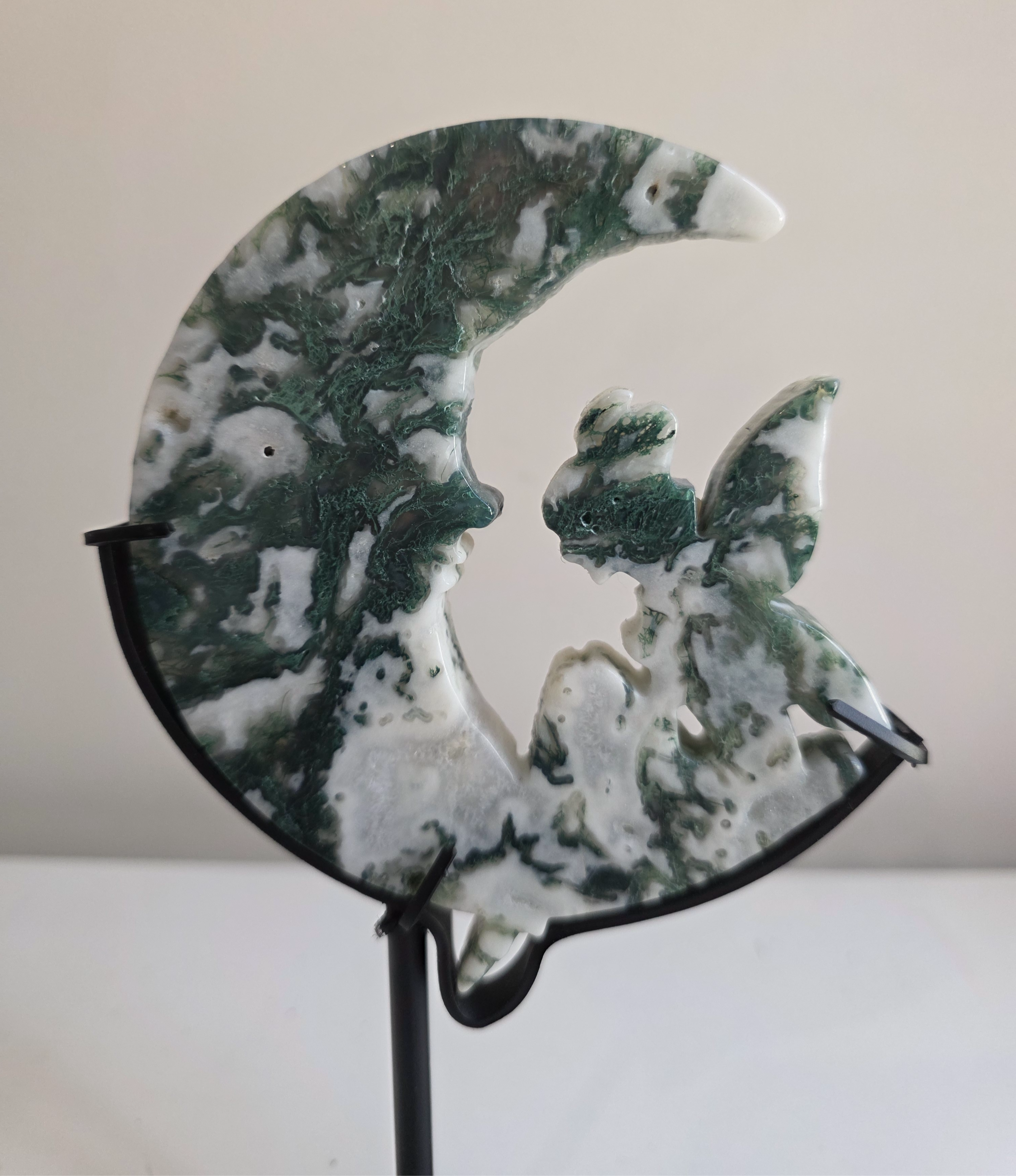 Moss Agate Moon Fairy with stand
