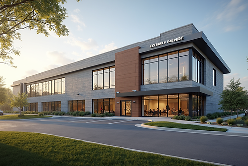 Retail and office building exterior at dusk with illuminated interior