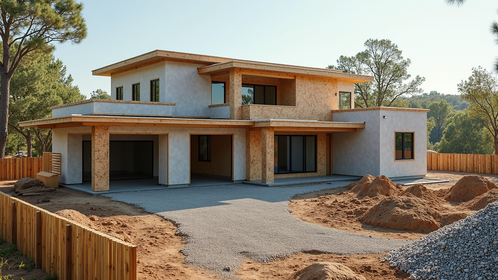 High angle view of a custom home under construction with eco-friendly materials
