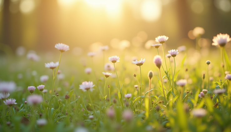 Close-up view of blooming wildflowers in a meadow during spring