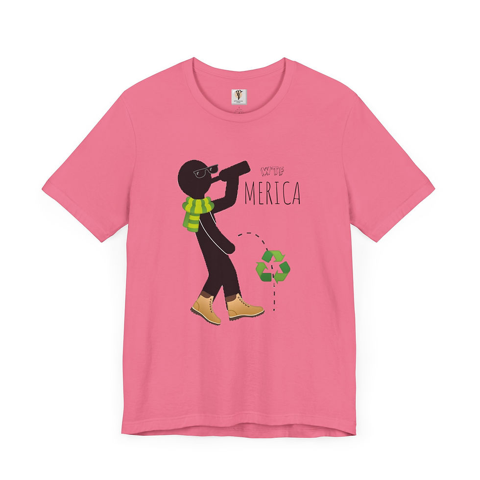 Thumbnail: Pink t-shirt featuring a cartoon figure recycling a beer bottle with text "Merica"