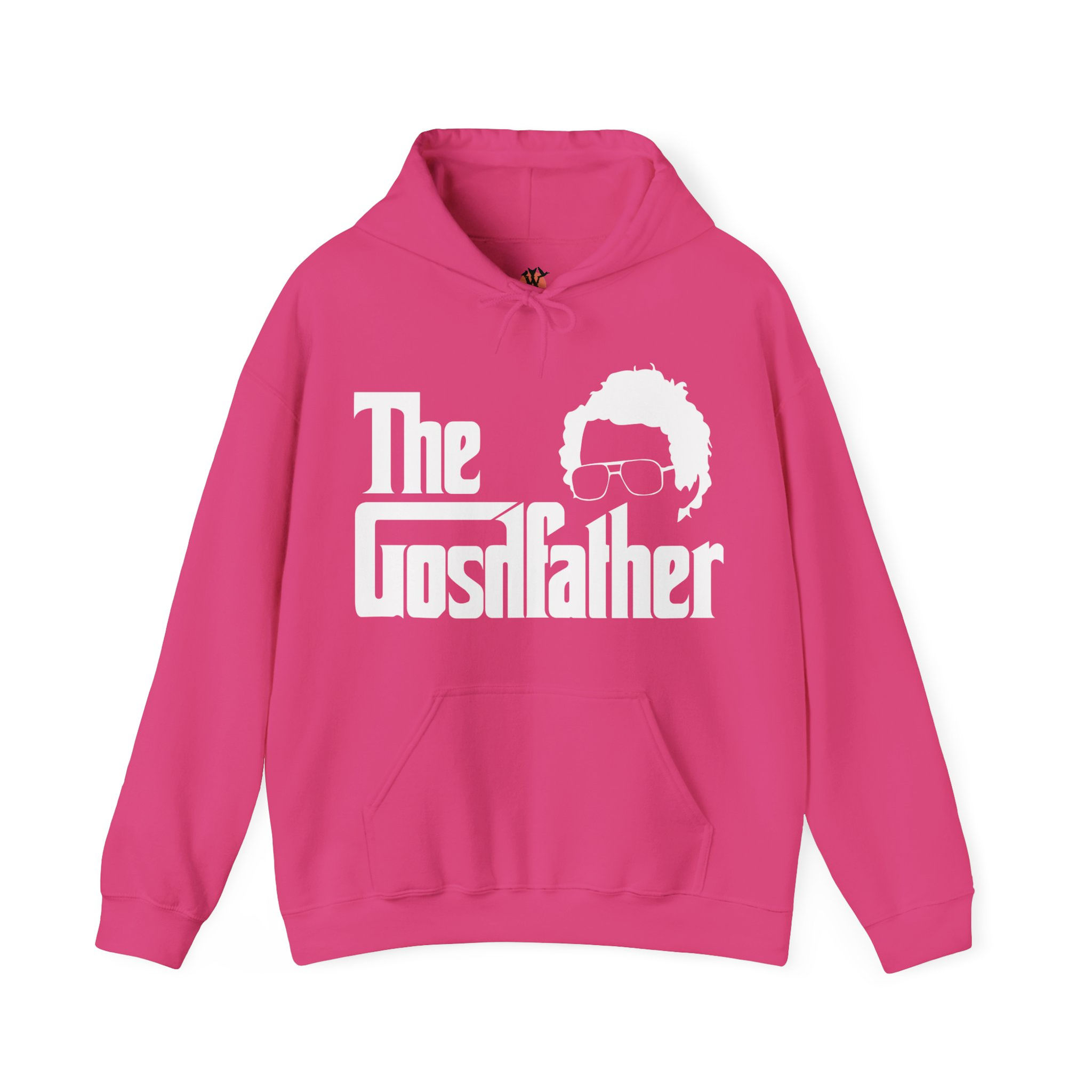 Pink hoodie featuring 'The Goshfather'