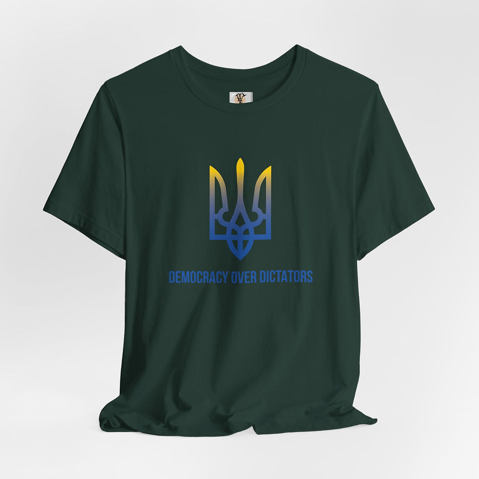 Thumbnail: Dark green unisex tee, Democracy Over Dictators, Ukrainian trident