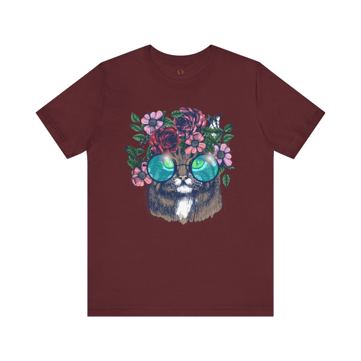 Cool cat wearing sunglasses and flowers on maroon t-shirt