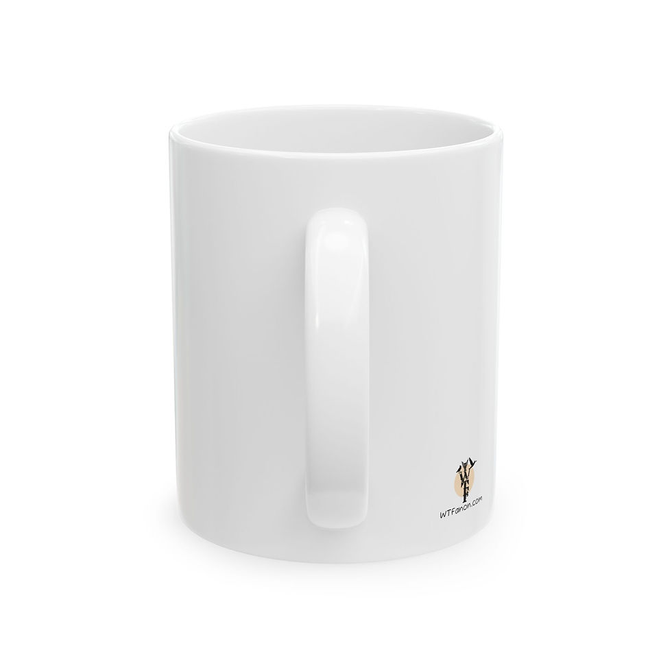 White ceramic mug with small logo