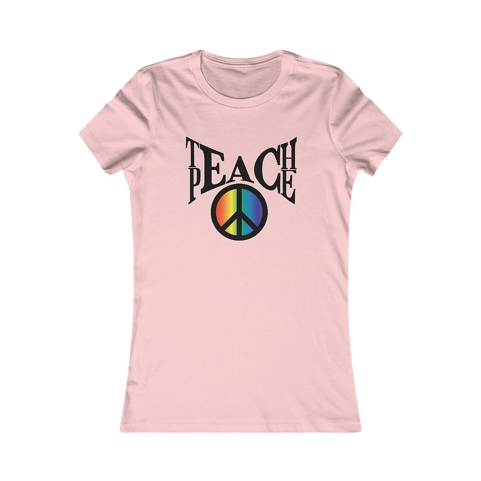 Thumbnail: Pink women's t-shirt: "Teach Peace" with rainbow peace symbol