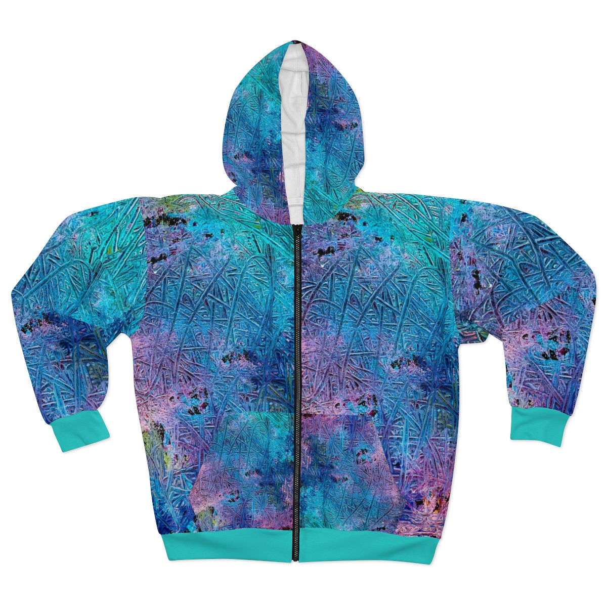 Zip-up hoodie with abstract purple and blue design