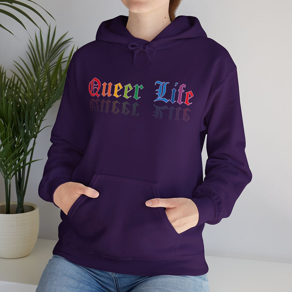 Thumbnail: Person wearing purple Queer Life hoodie, Pride Month Clothing