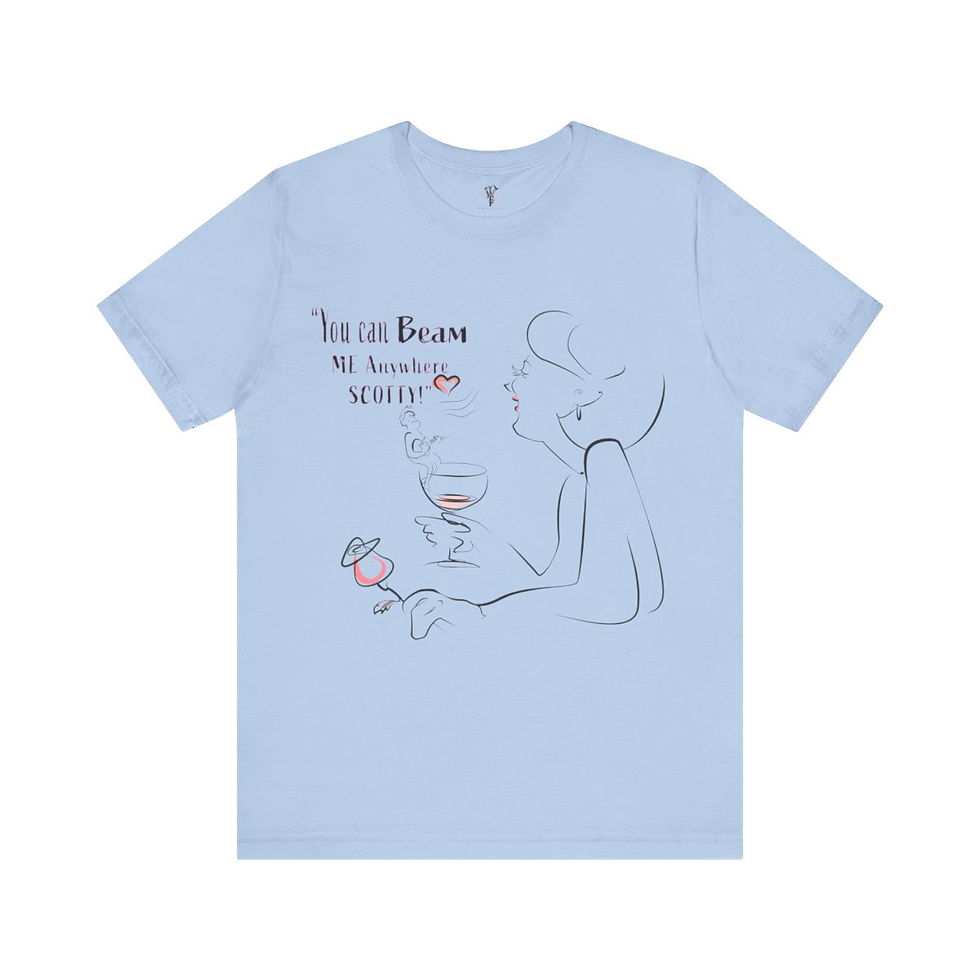 Light blue unisex tee: elegant woman, wine, rose, 'Too late darling, no explanations needed'
