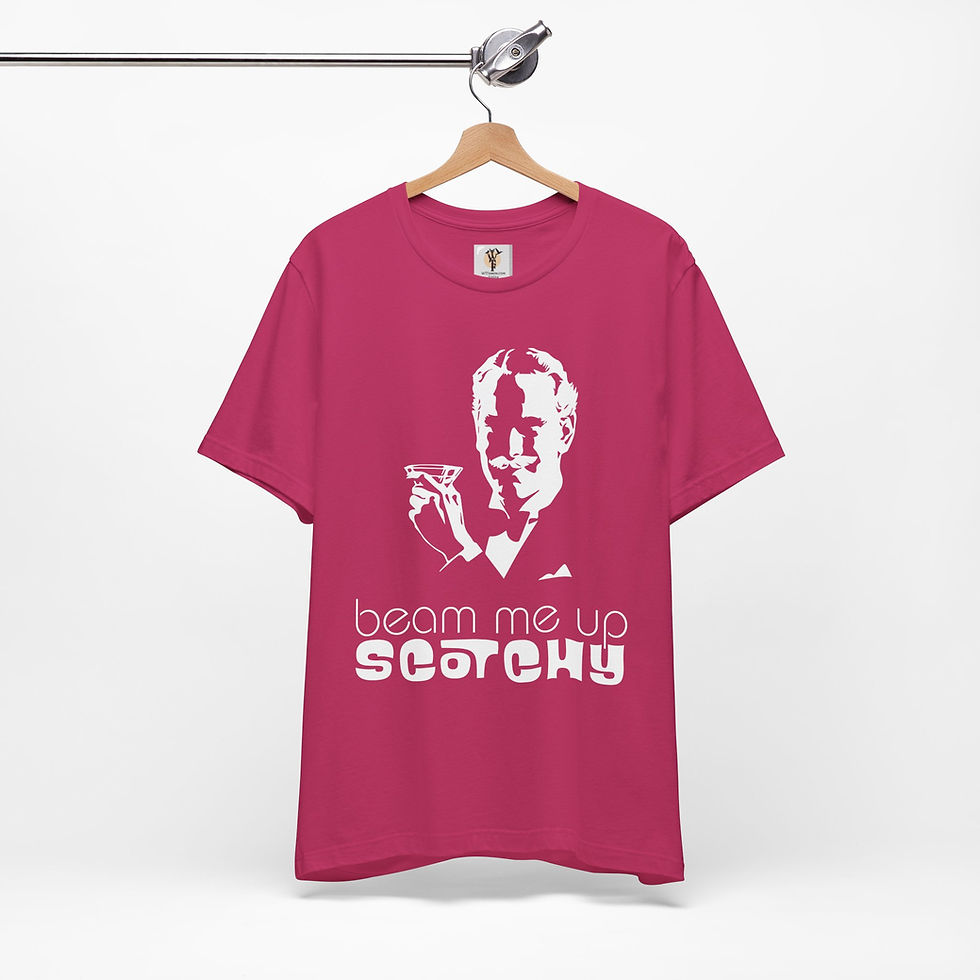 Thumbnail: Beam me up Scotchy! Classic Fit Tee Shirt, pink shirt with white graphics WTFanon.com