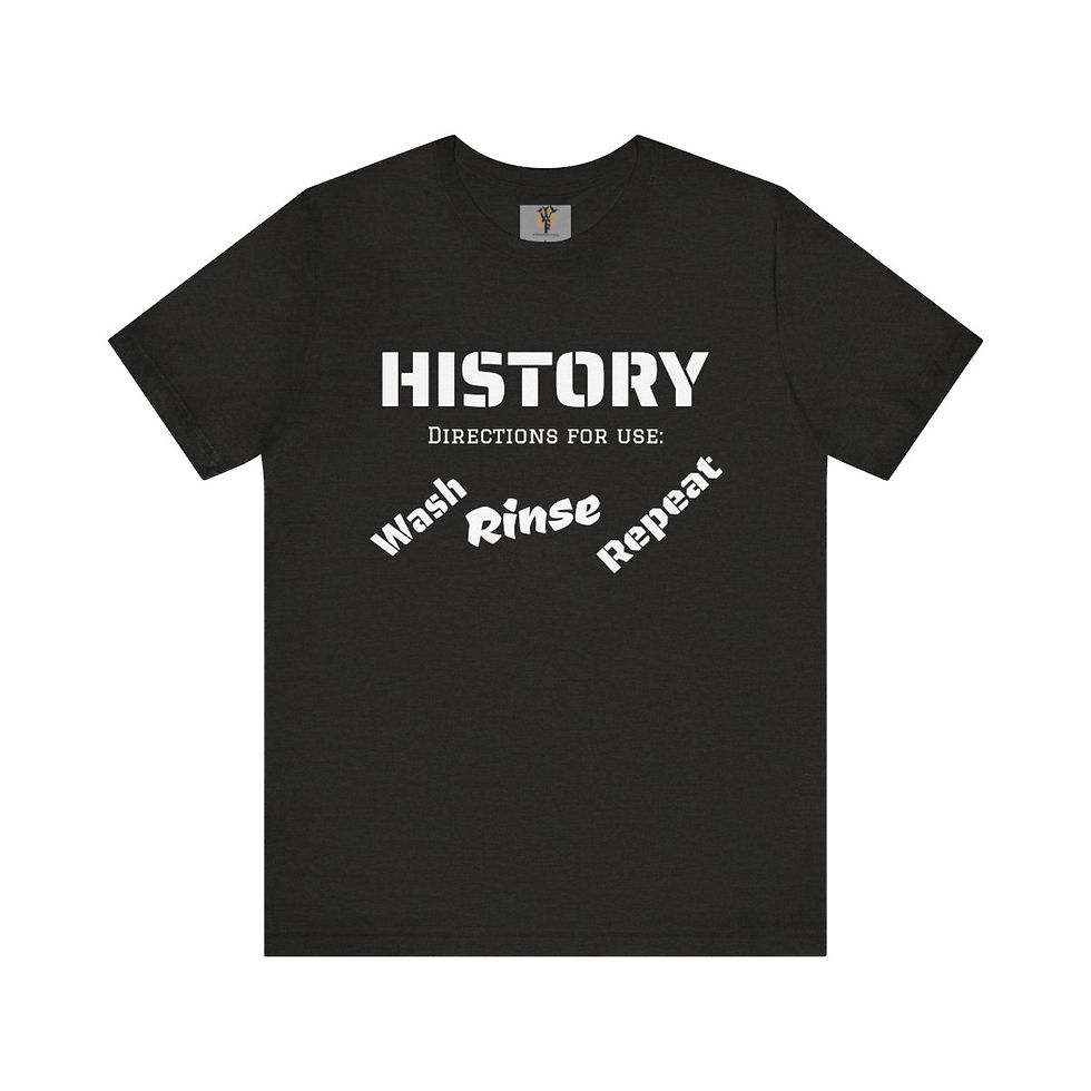 Thumbnail: Black t-shirt with "HISTORY" and "Wash Rinse Repeat" text
