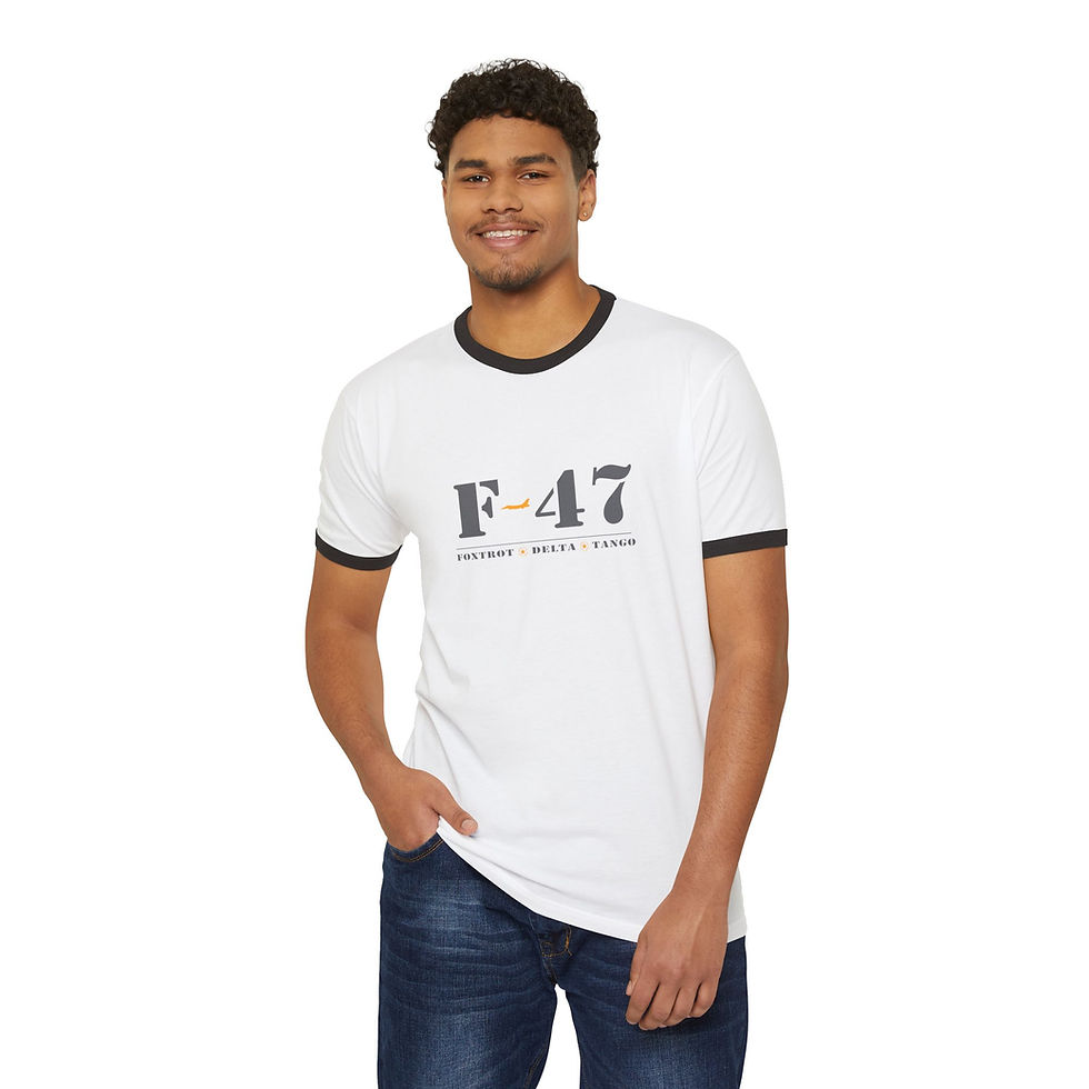 Thumbnail: Man modeling F-47 Foxtrot Delta Tango Anti-MAGA unisex T-shirt