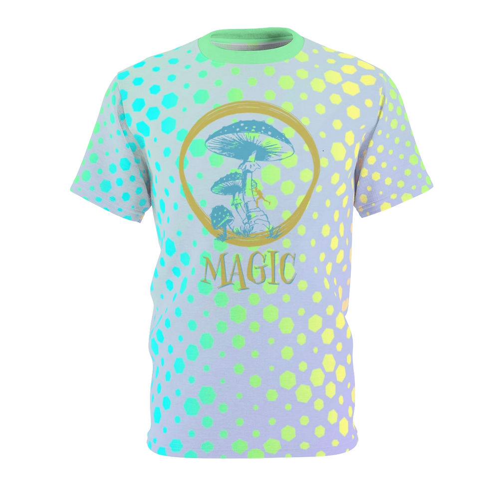Psychedelic mushroom t-shirt design, text: MAGIC