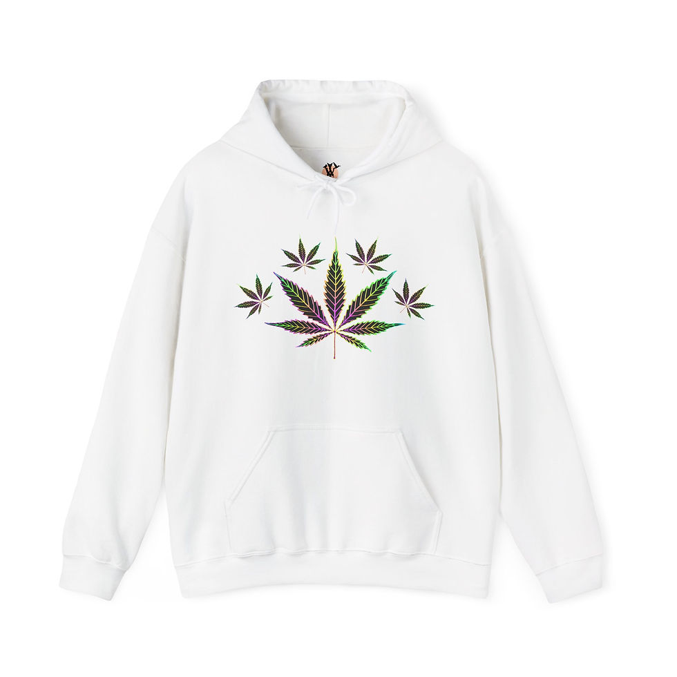 Thumbnail: White hoodie featuring colorful marijuana leaf design