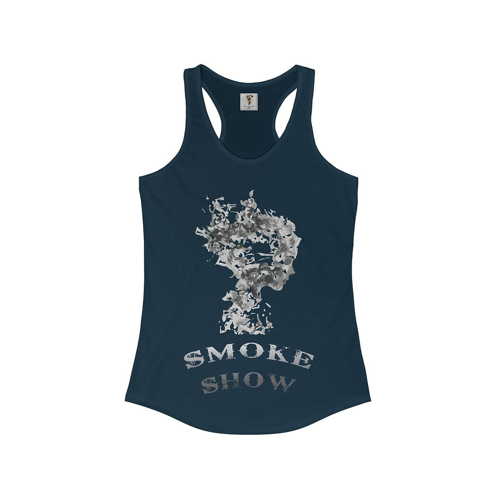 Women's navy racerback tank top featuring a smoky face graphic and 'Smoke Show' text