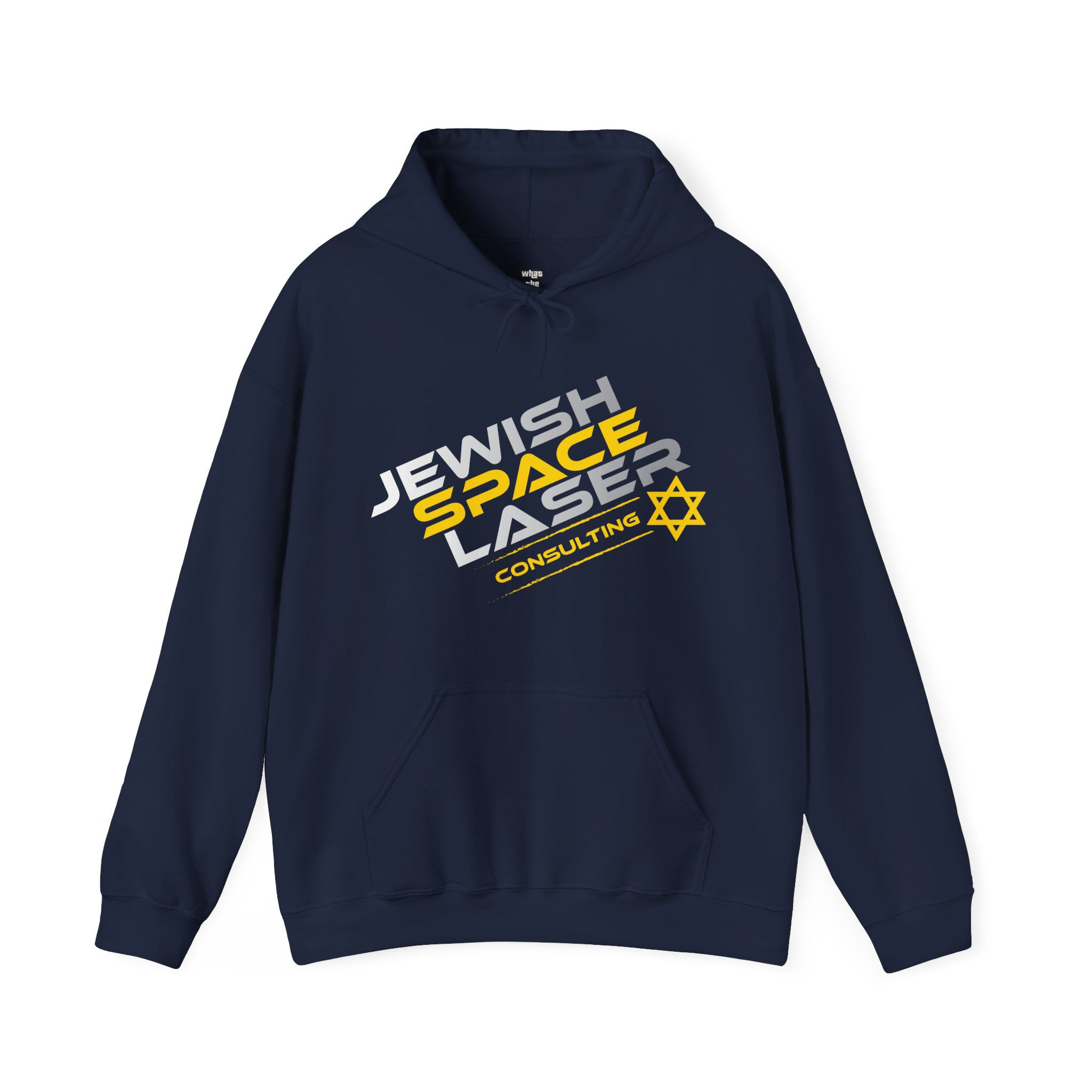 Navy blue hoodie: "Jewish Space Laser Consulting"