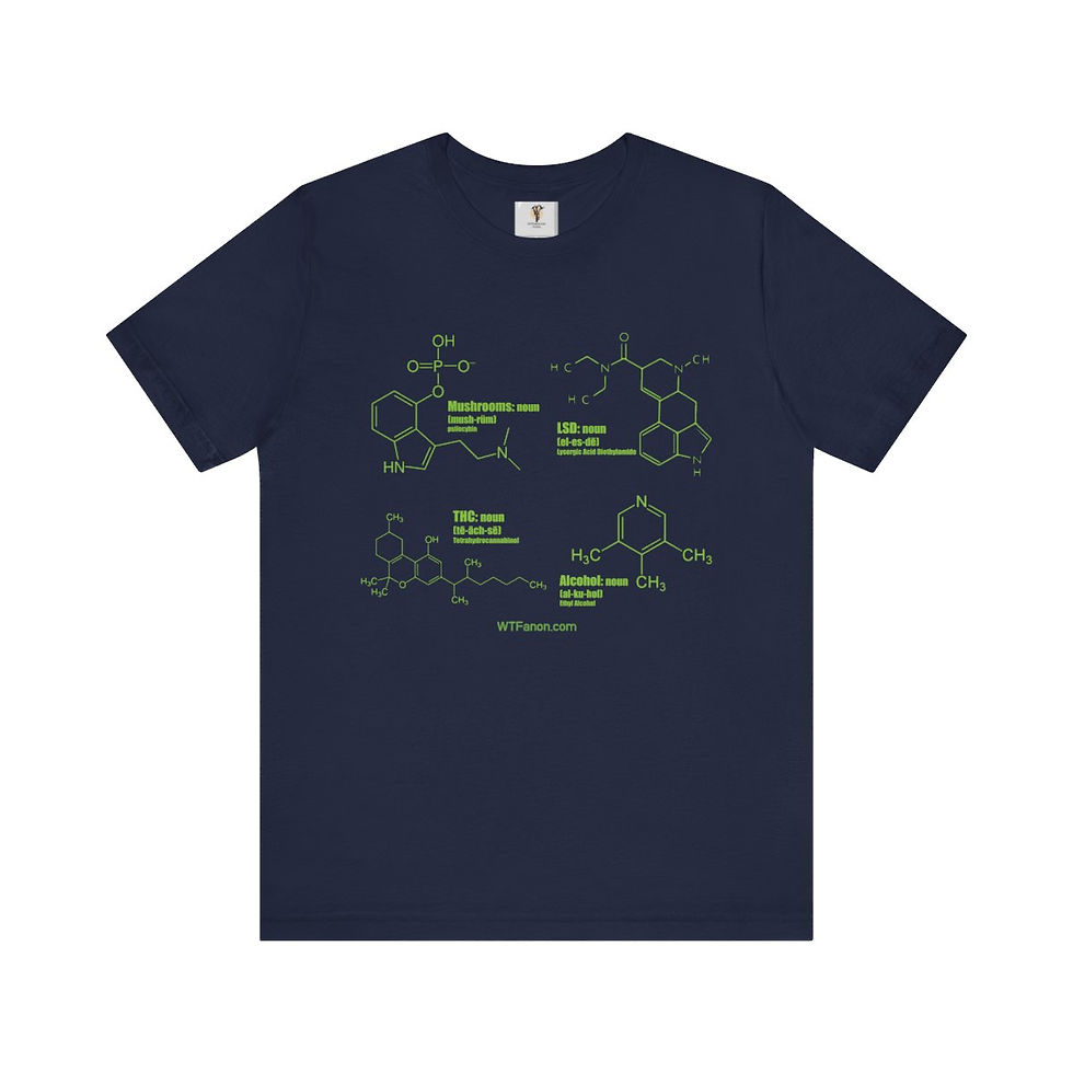 Navy blue t-shirt featuring various chemical structures