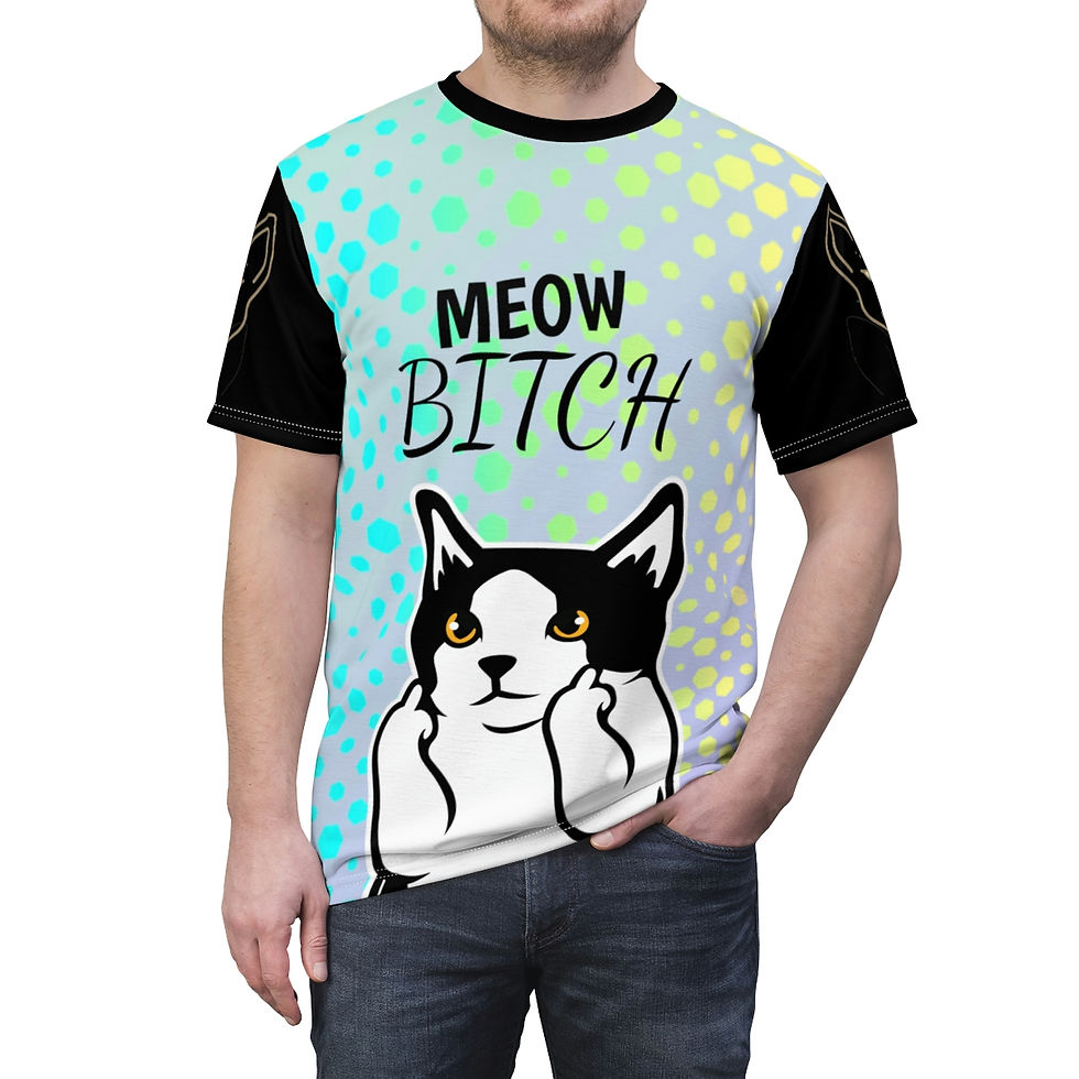 Model wearing 'Meow Bitch' cat t-shirt