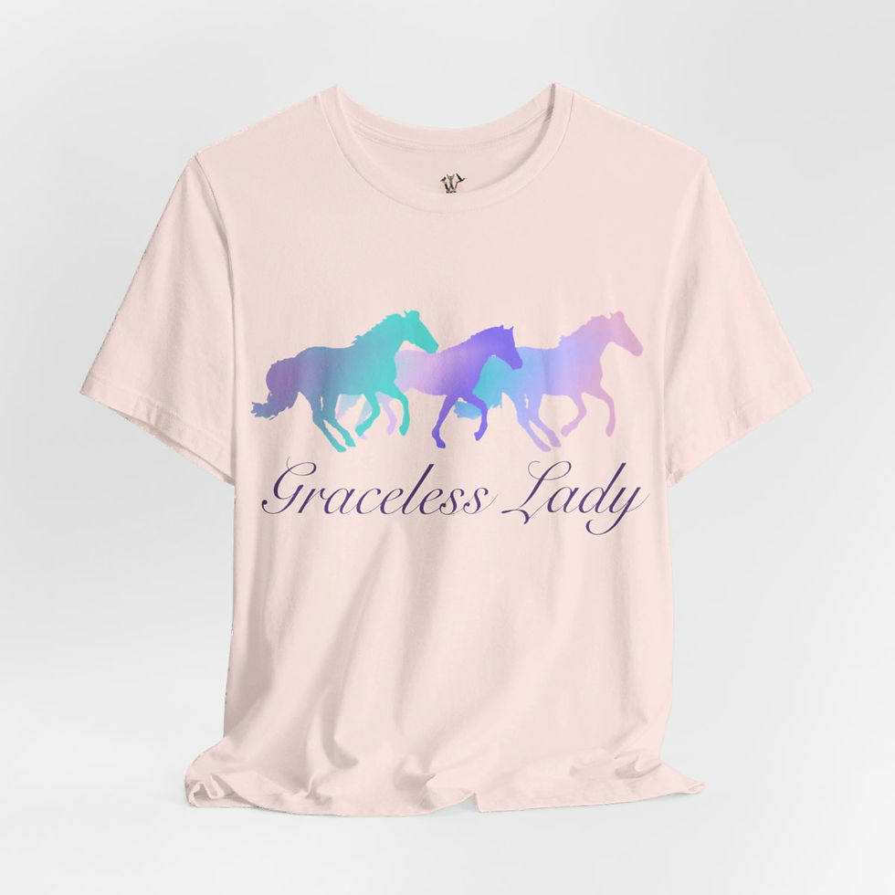 Thumbnail: Pink t-shirt with three horses, "Graceless Lady"