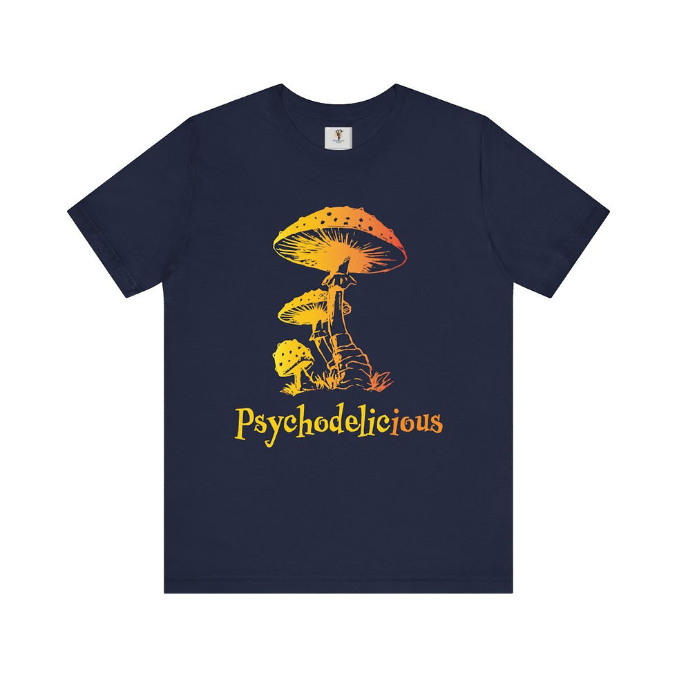 Thumbnail: Navy blue t-shirt with psychedelic mushroom design and "Psychedelicicious" text