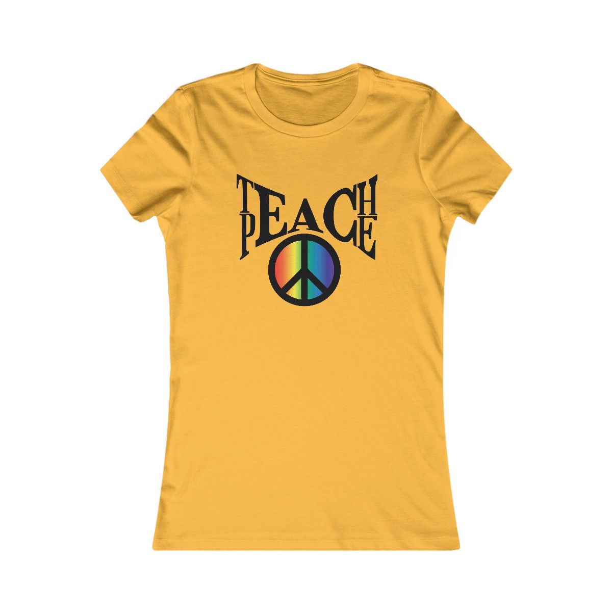 Woman's yellow tee shirt, "Teach Peace" and rainbow peace symbol