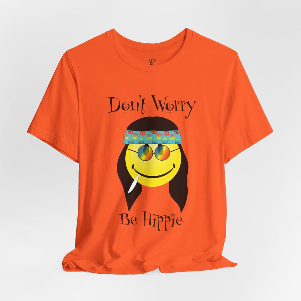 Thumbnail: Orange t-shirt with "Don't Worry Be Happy" hippie smiley face