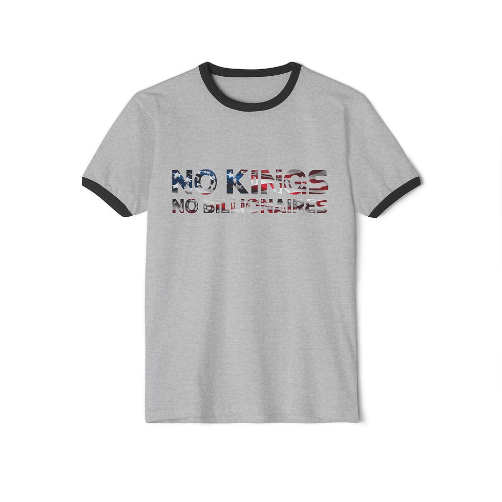 Thumbnail: Classic Cotton Ringer Tee – No Kings No Billionaires with Patriotic Letters