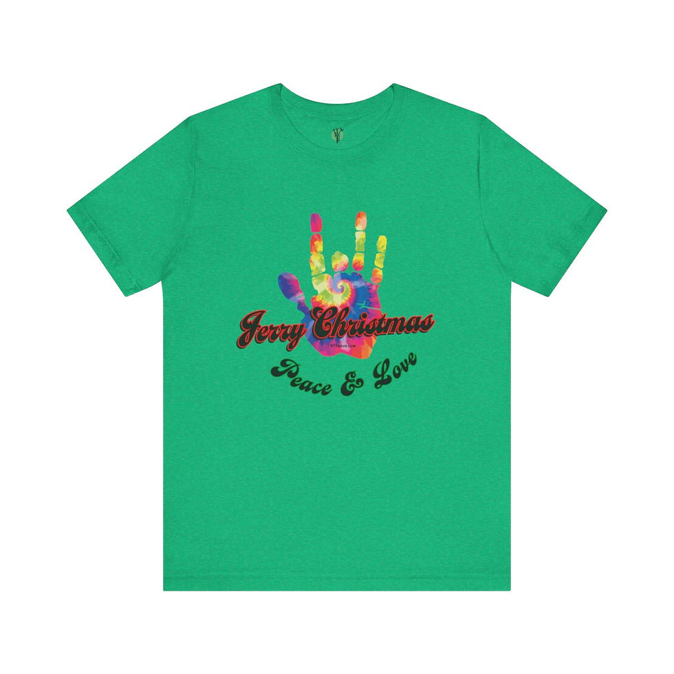 Thumbnail: Green T-shirt with tie-dye handprint; Merry Christmas Peace & Love