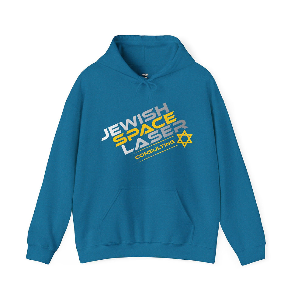 Thumbnail: Teal hoodie with "Jewish Space Laser Consulting" graphic