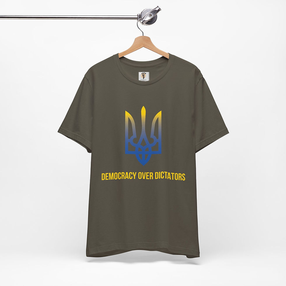Unisex tee: Democracy Over Dictators, Ukrainian Coat of Arms Trident