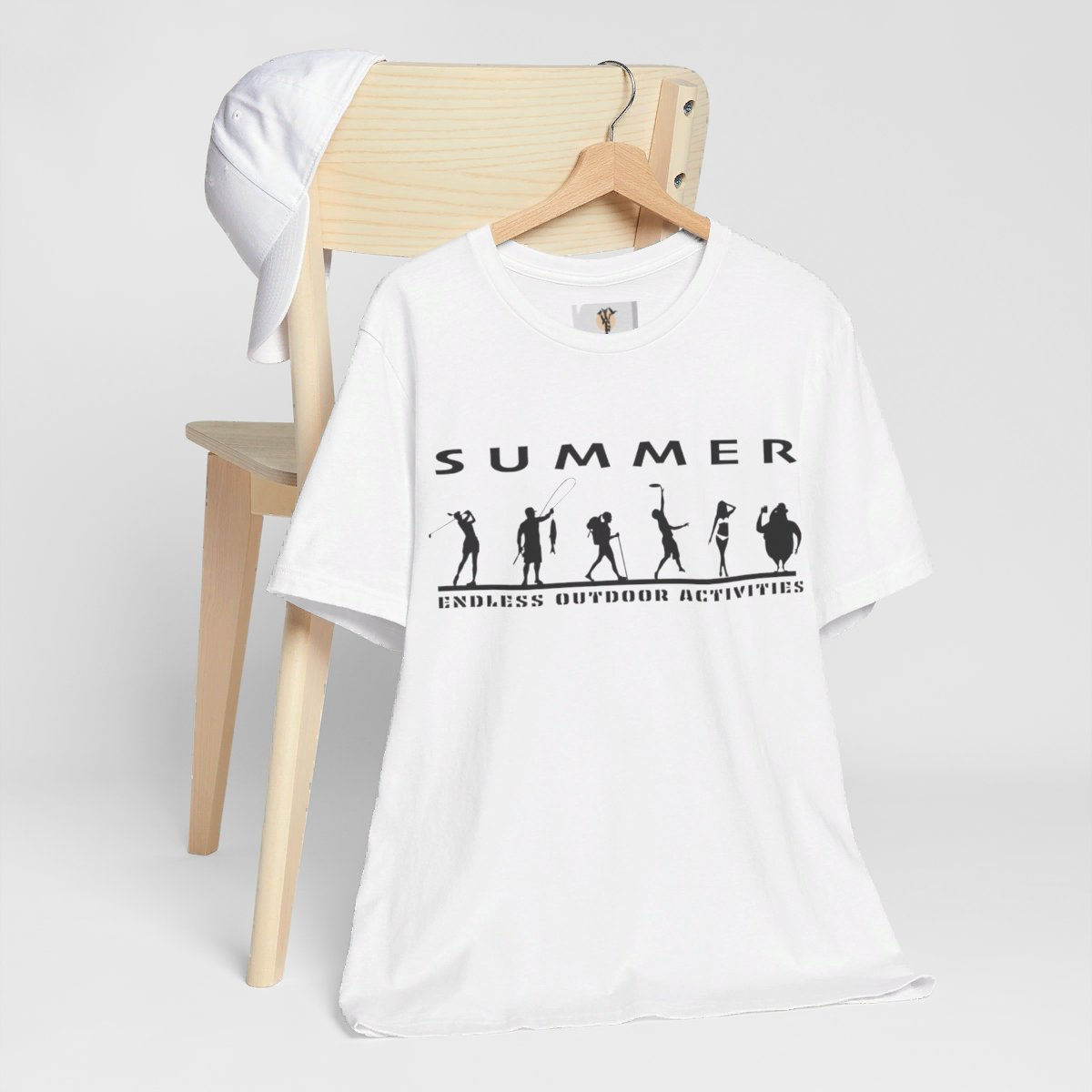 White t-shirt featuring "SUMMER" and various summer activities