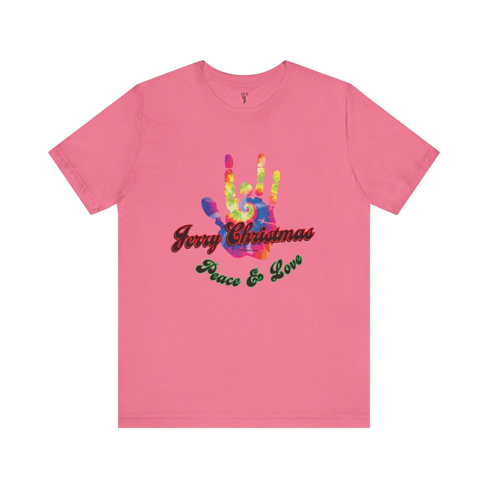 Thumbnail: Pink t-shirt features Merry Christmas, Peace & Love; colorful handprint design
