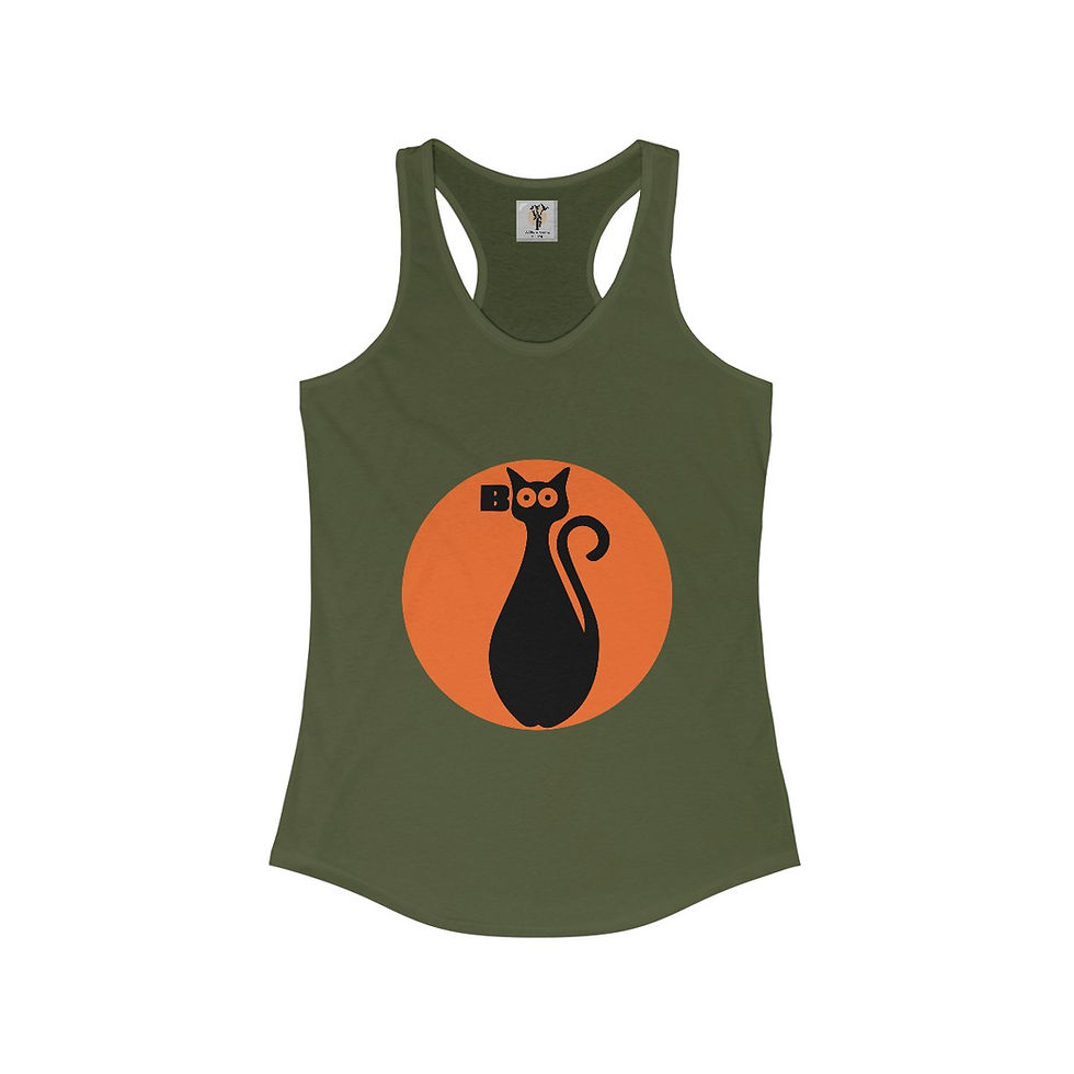 Black cat on olive green racerback tank top