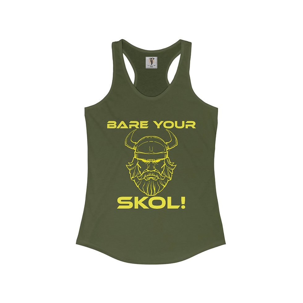 Thumbnail: Olive green racerback tank top with yellow text: "BARE YOUR SKOL!" and Viking graphic