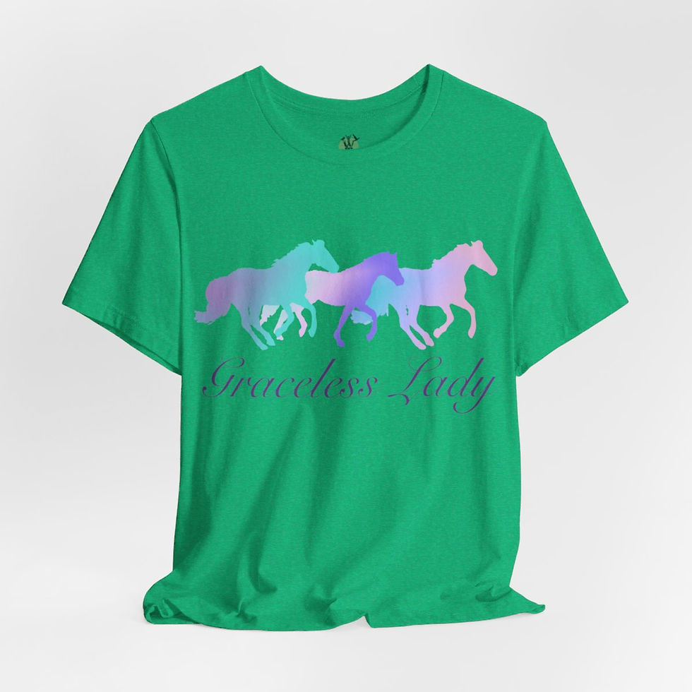 Thumbnail: Green t-shirt with pastel running horses and 'Spineless Lady' text
