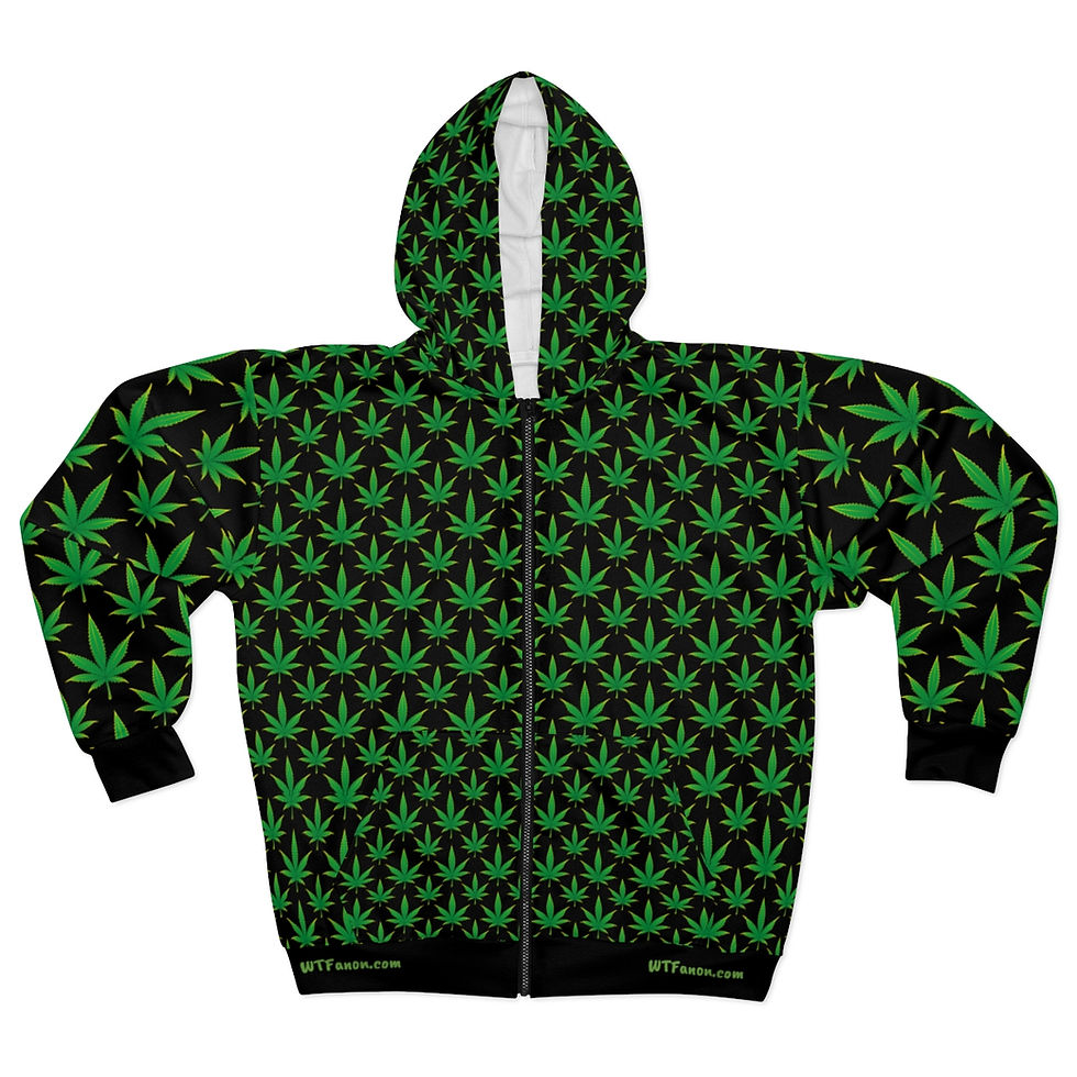 Thumbnail: Black zip-up hoodie with all-over marijuana leaf print