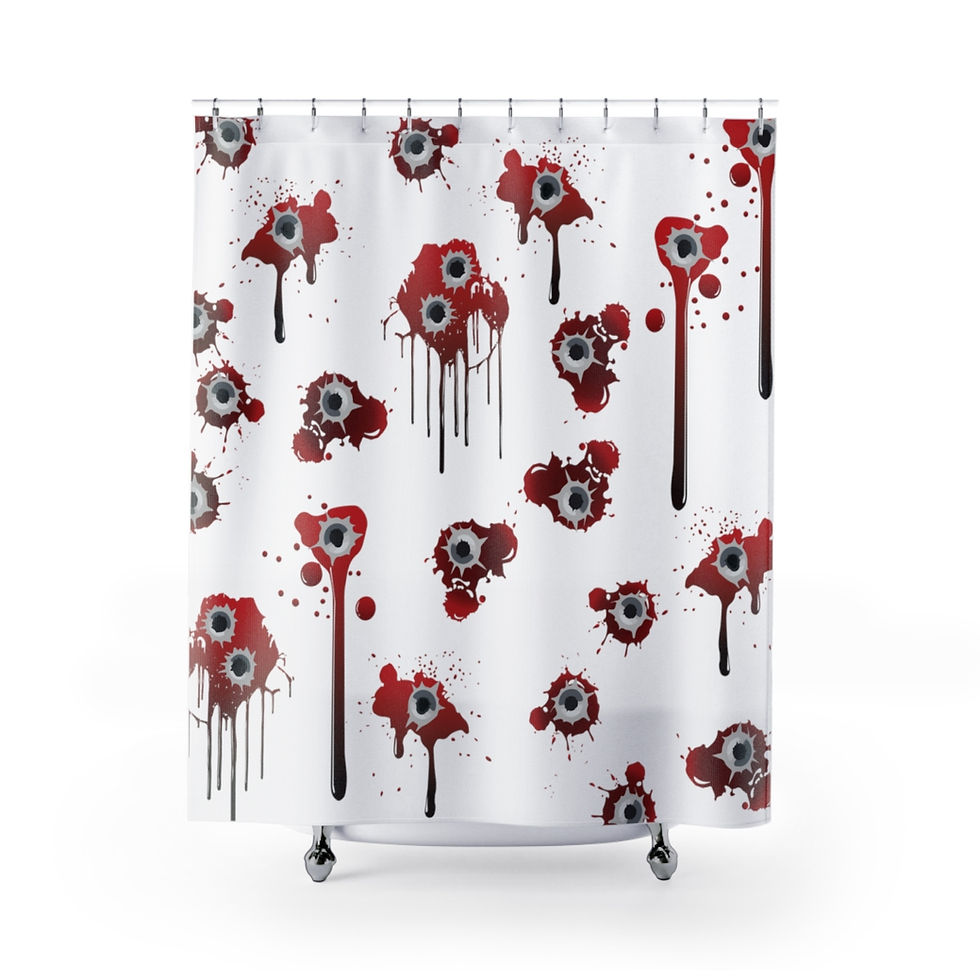 Shower curtain with bullet holes and blood splatter