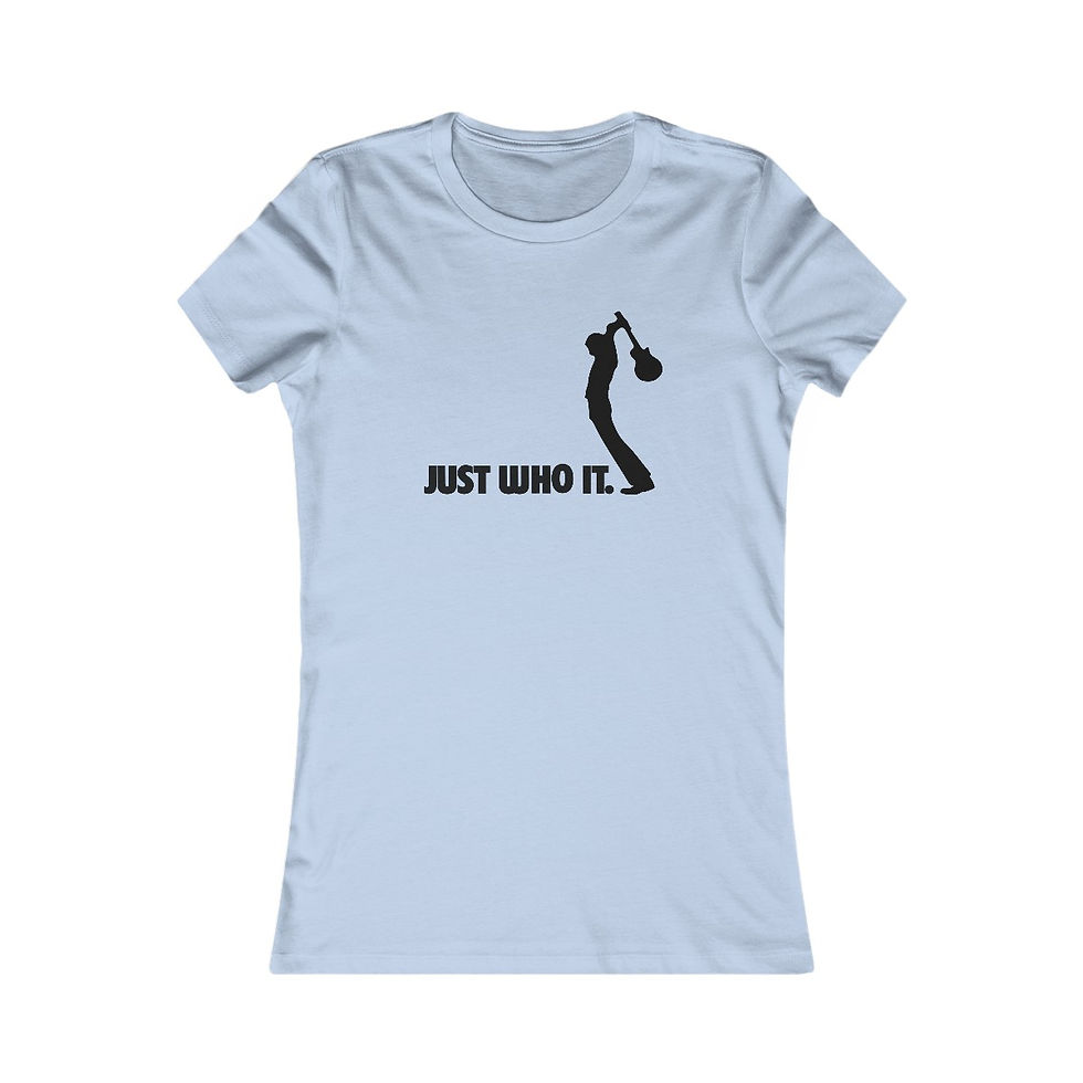 Thumbnail: Woman's T-shirt: Just Who It. Silhouette of saxophone player