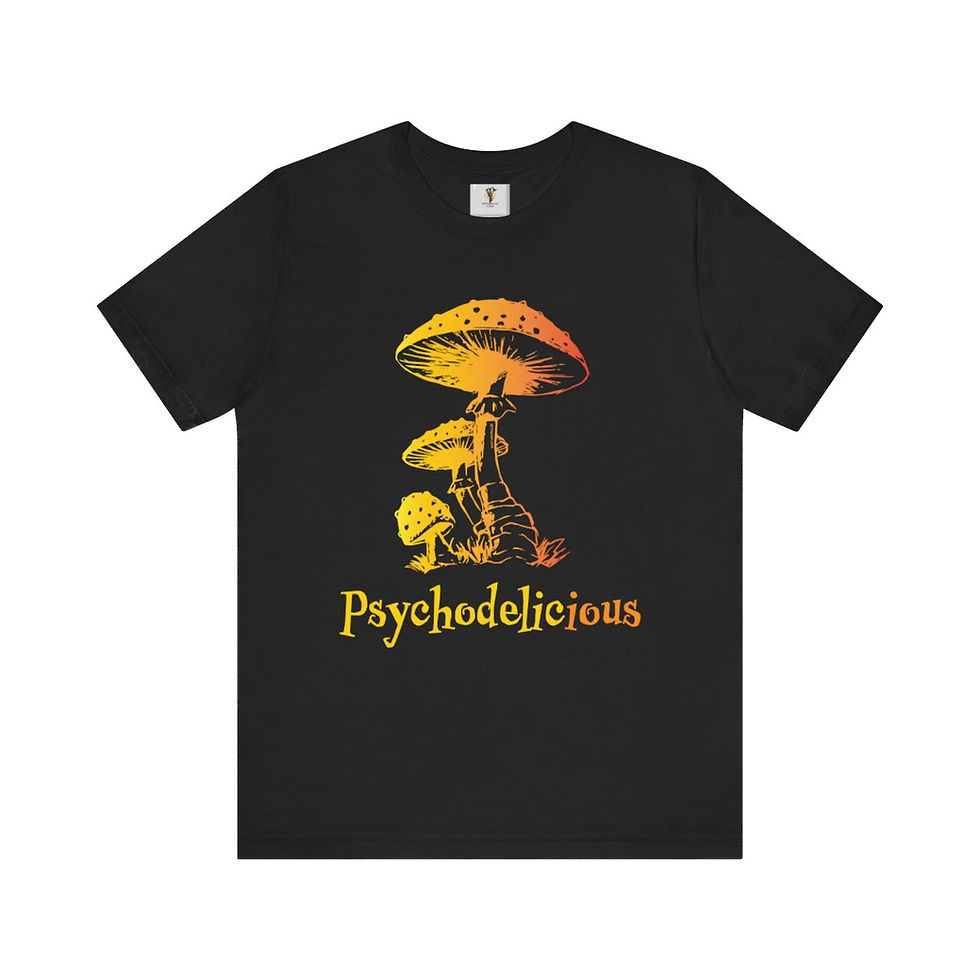Thumbnail: Black t-shirt with psychedelic mushroom design and "Psychedelicicious" text