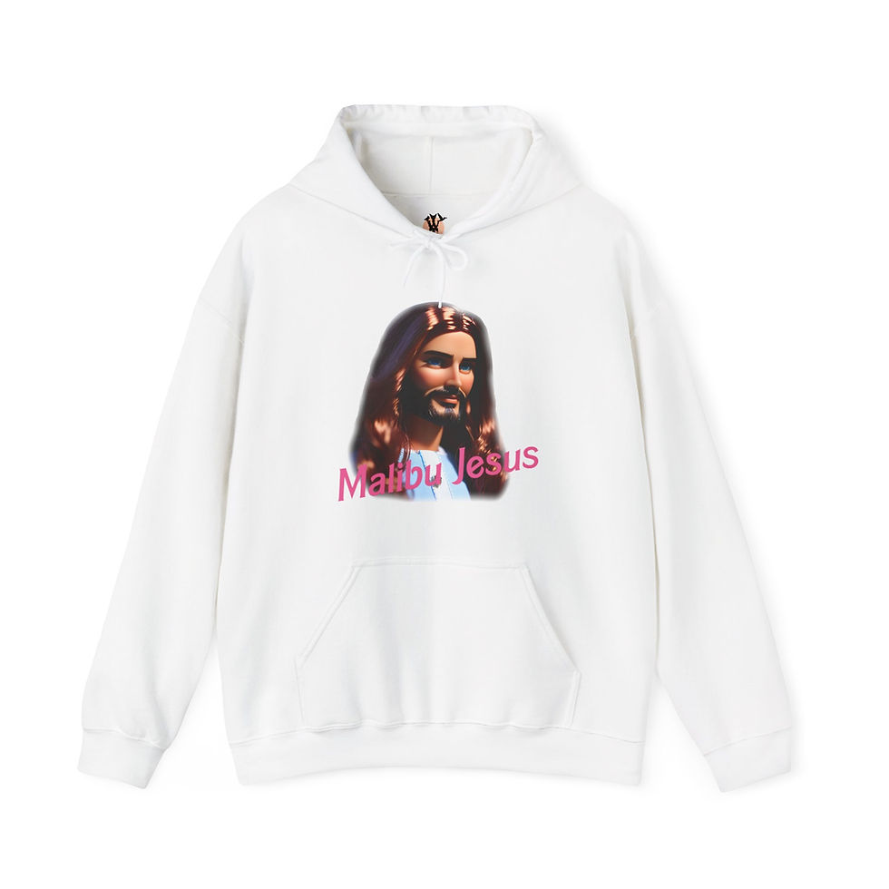 White Malibu Jesus hoodie featuring a Barbie parody print