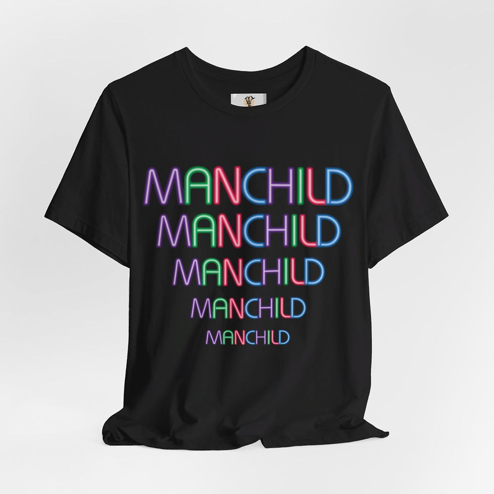 Black t-shirt with repeated "MANCHILD" in colorful neon lettering